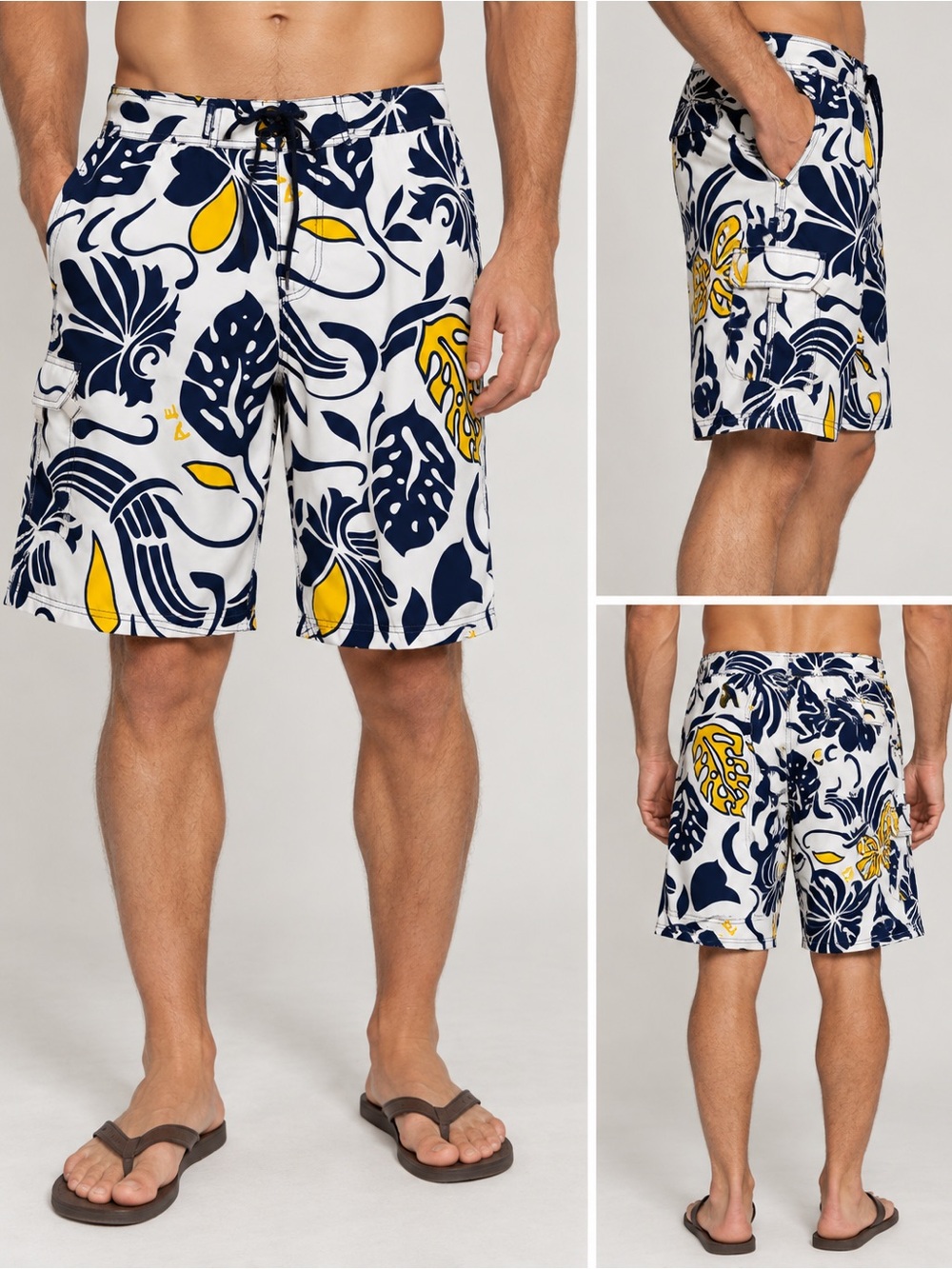 Men’s Tropical Floral Board Shorts Swim Trunks Navy Yellow White Size 32